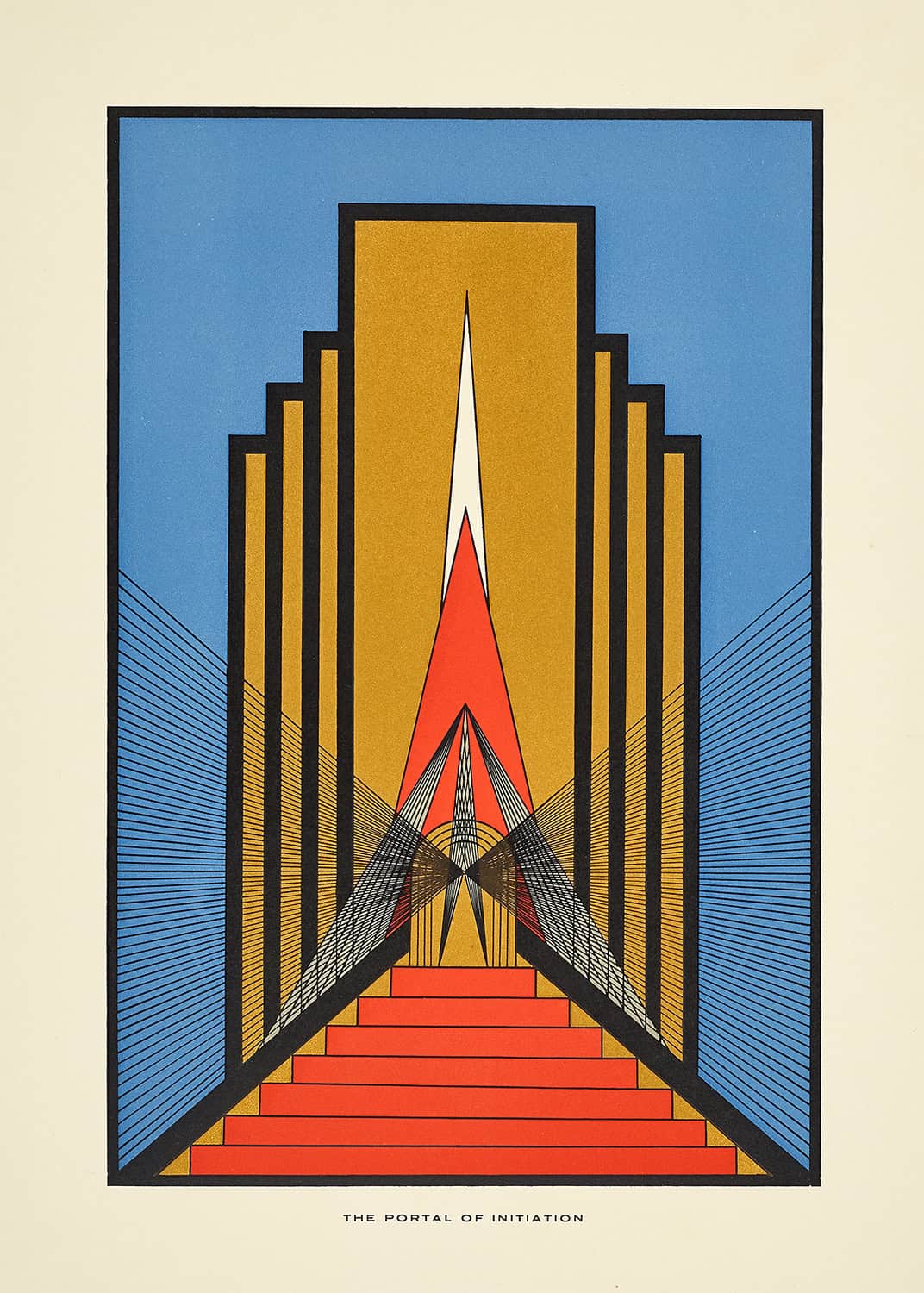 Art deco print titled The Portal of Initiation, with a symmetrical gold archway, red stairs, and blue background by Olga Fröbe-Kapteyn.