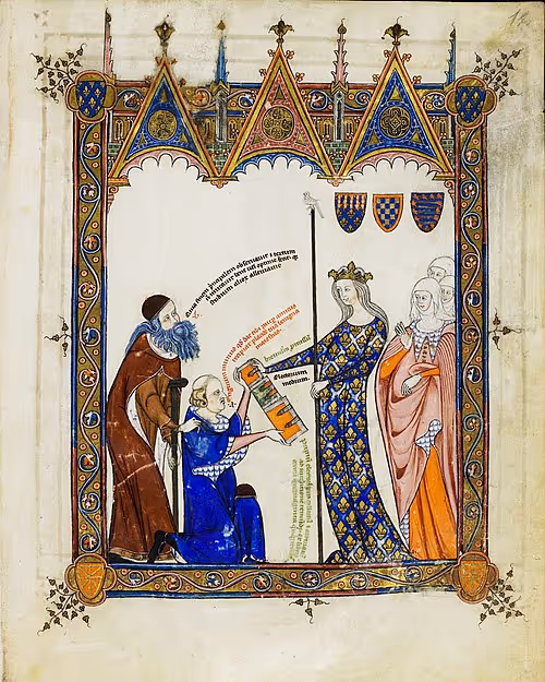 Medieval illumination of a kneeling man presenting a scroll to a crowned queen, with a monk and ladies in waiting.