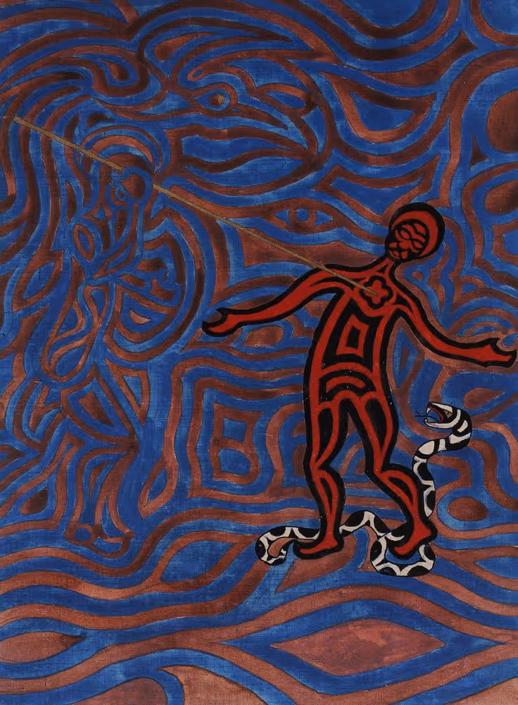 Abstract artwork with a red human figure outlined in black, standing against a blue background filled with swirling patterns