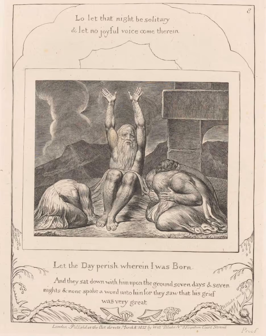 William Blake engraving of Job raising his arms in despair while two mourners kneel beside him, with text from the Book of Job.