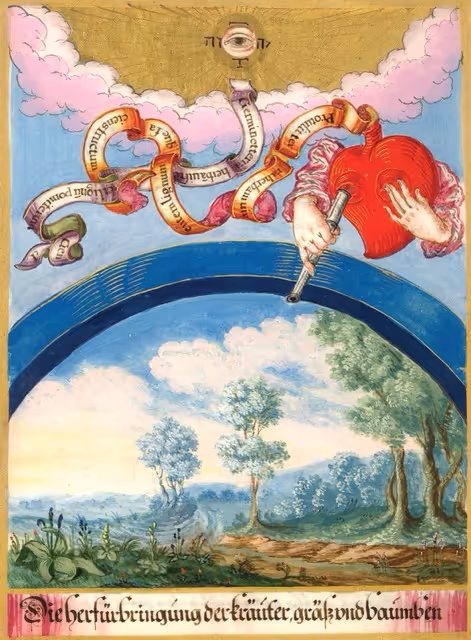 A red heart in a blue sky with an instrument singing back spring: herbs, grass and nature, at the bottom of the image.