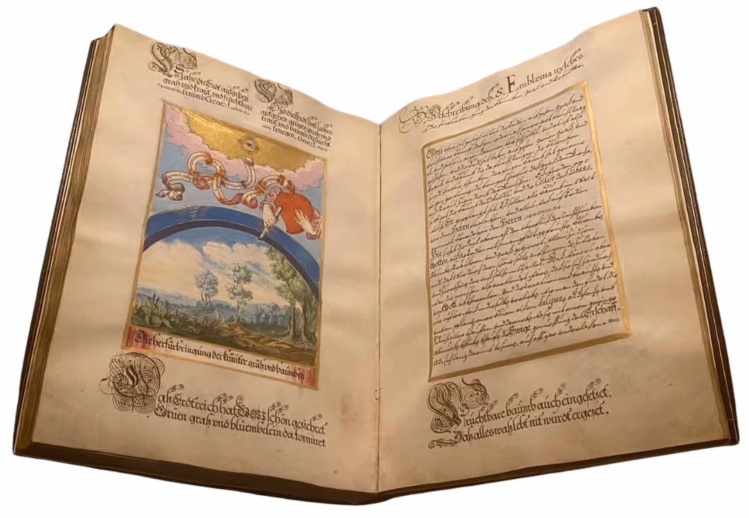 Open antique manuscript with an illuminated landscape illustration on the left page and ornate German calligraphy on the right.