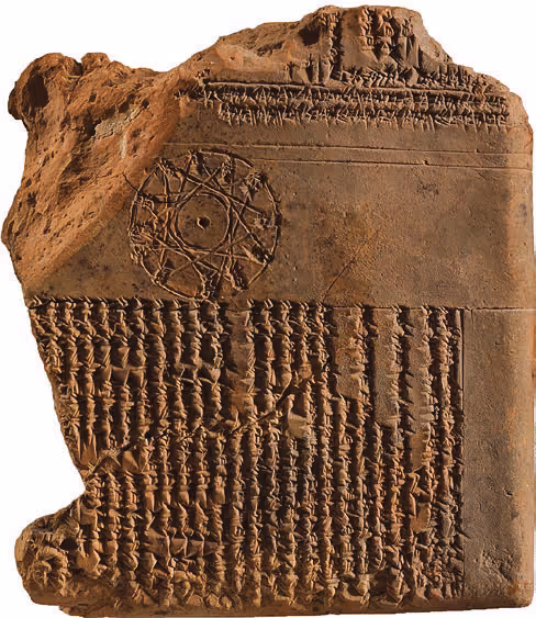 Mesopotamian clay tablet with astrological diagram (trine aspect).