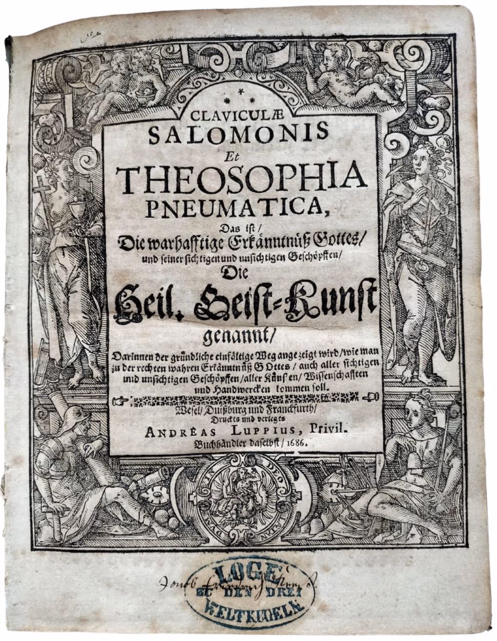 Ornate 1686 title page of "Claviculae Salomonis et Theosophia Pneumatica" with allegorical figure border.