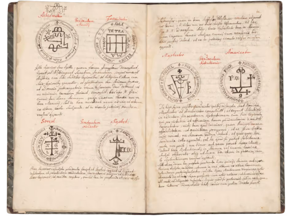 Open grimoire with handwritten Latin text and circular occult sigils labeled with names of spirits in red ink.