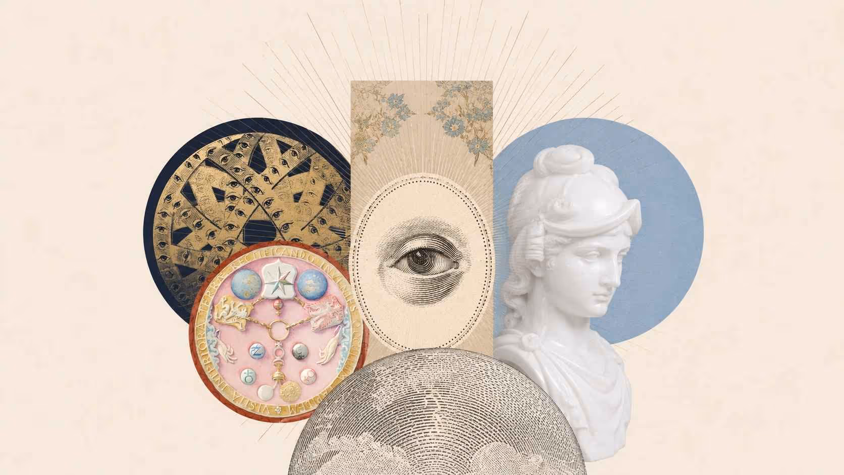 Collage of a helmeted marble bust, an engraved radiant eye, a golden eye-patterned disc, an astrological medallion, and globe