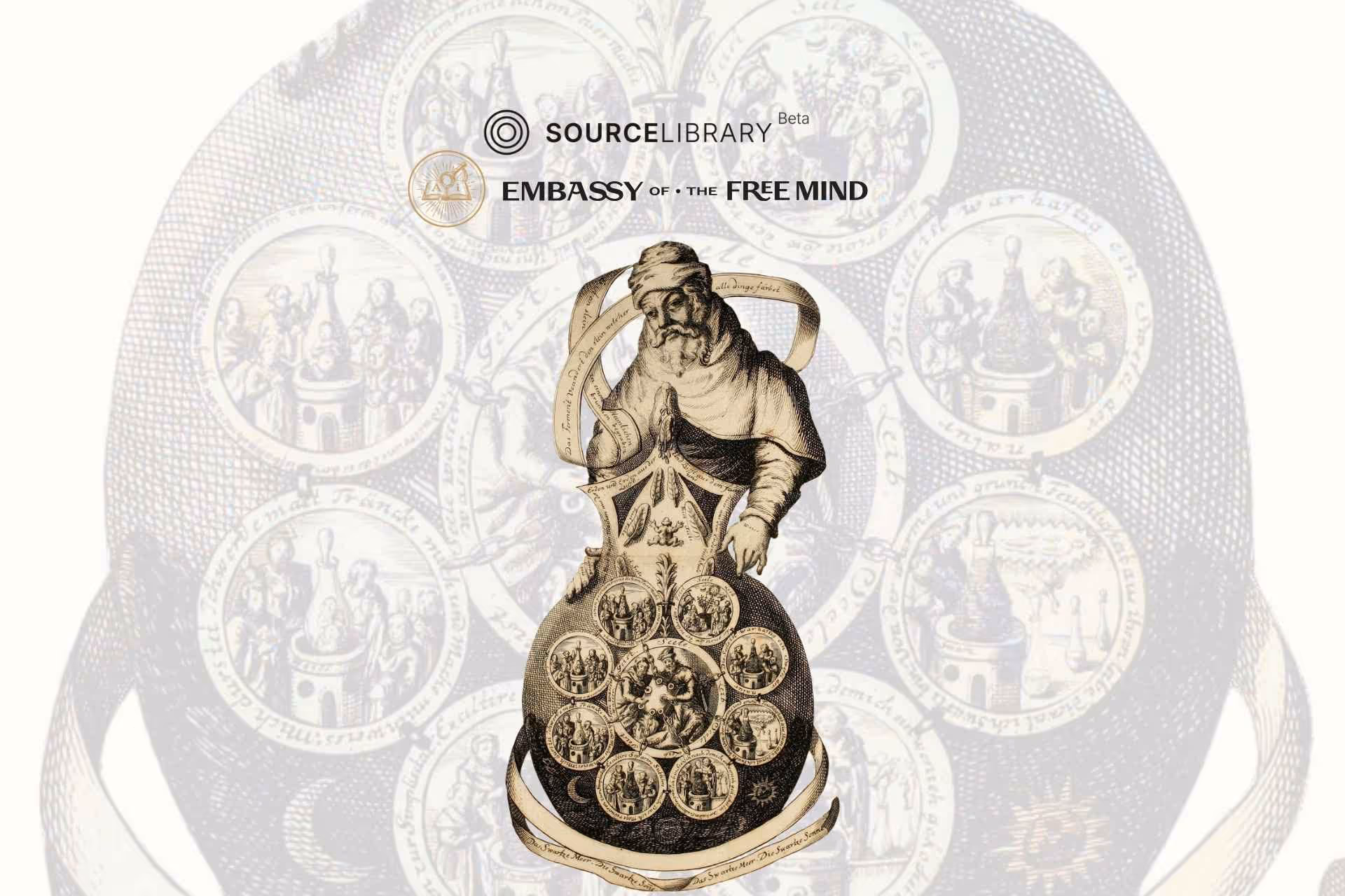 Alchemical Ripley Scroll illustration showing a figure holding a circular emblem wheel