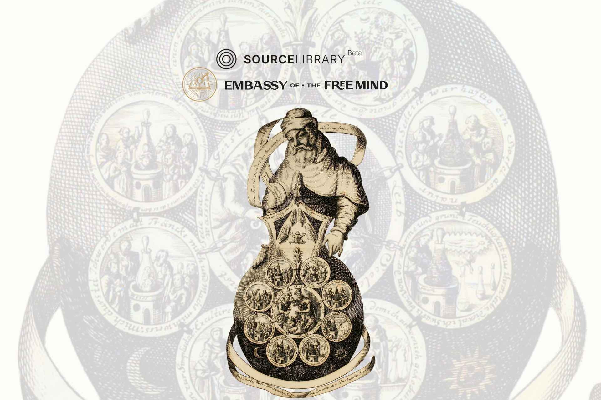 Alchemical Ripley Scroll illustration showing a figure holding a circular emblem wheel