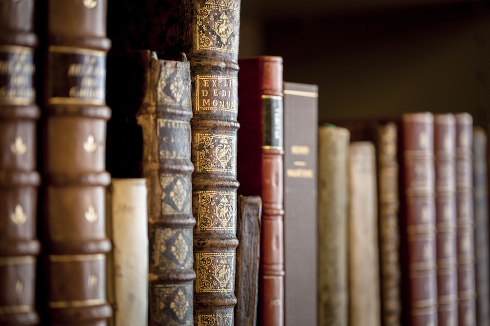 A close-up, shallow-depth-of-field view of vintage, leather-bound books lined up tightly on a shelf.