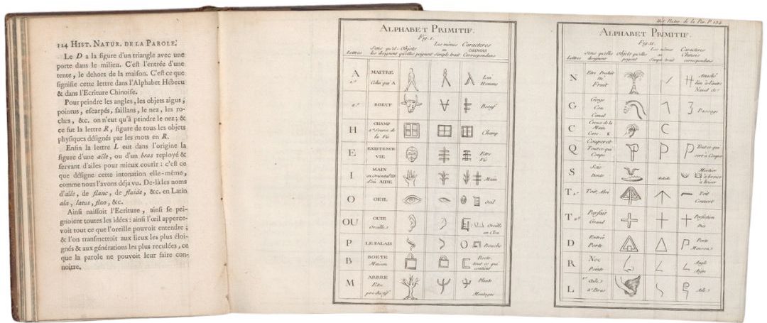 An open book with a large fold-out plate displaying rows of a primitive alphabet chart with early characters and symbols.