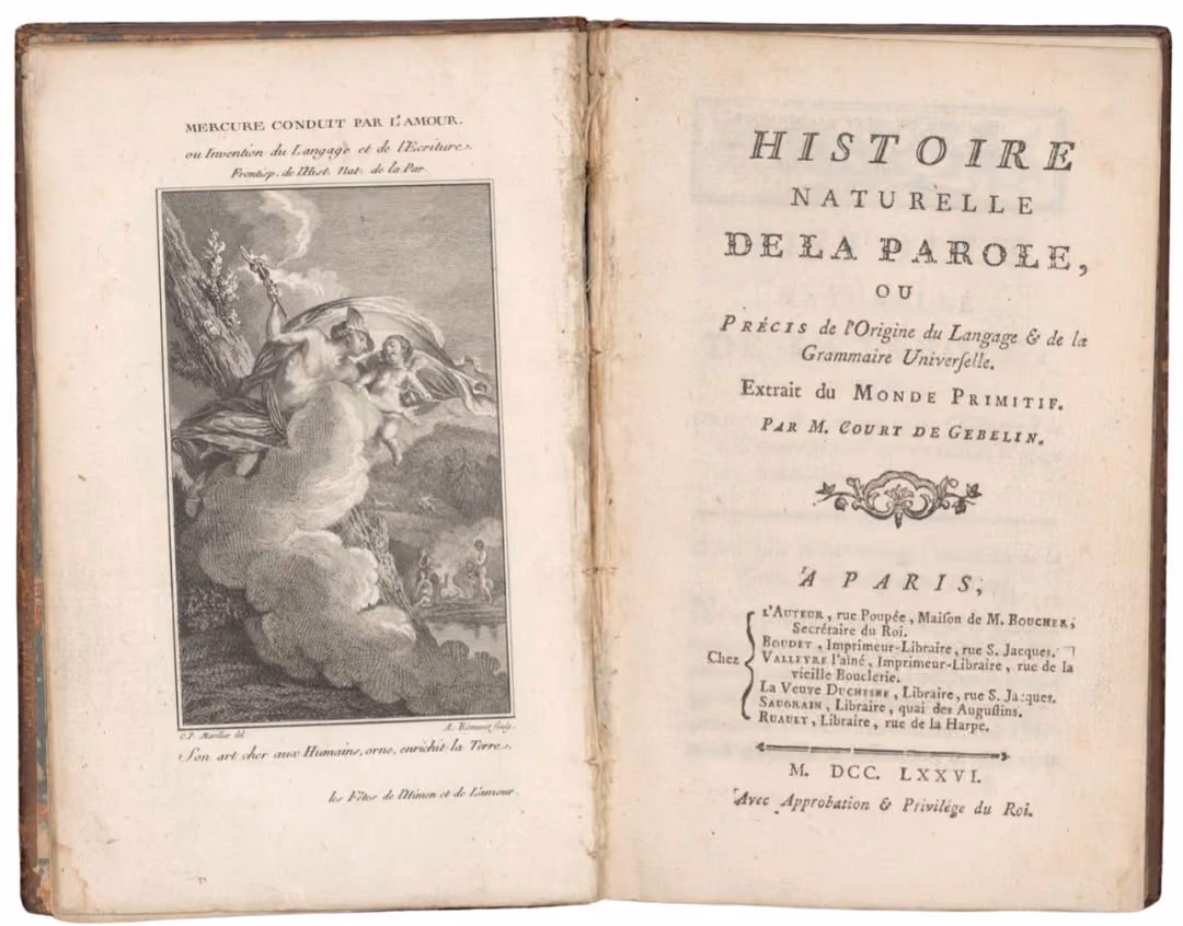 An open book displaying an allegorical engraving of Hermes on the left and the French printed title page on the right.