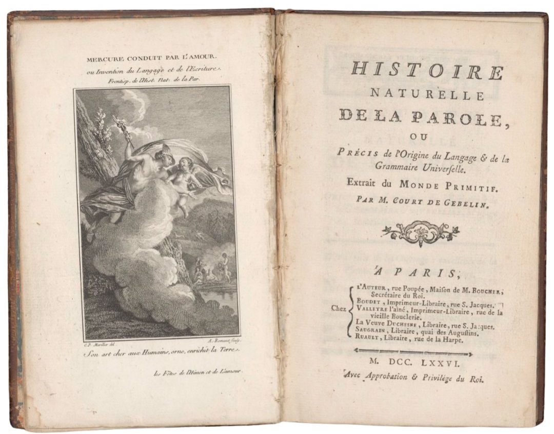 An open book displaying an allegorical engraving of Hermes on the left and the French printed title page on the right.