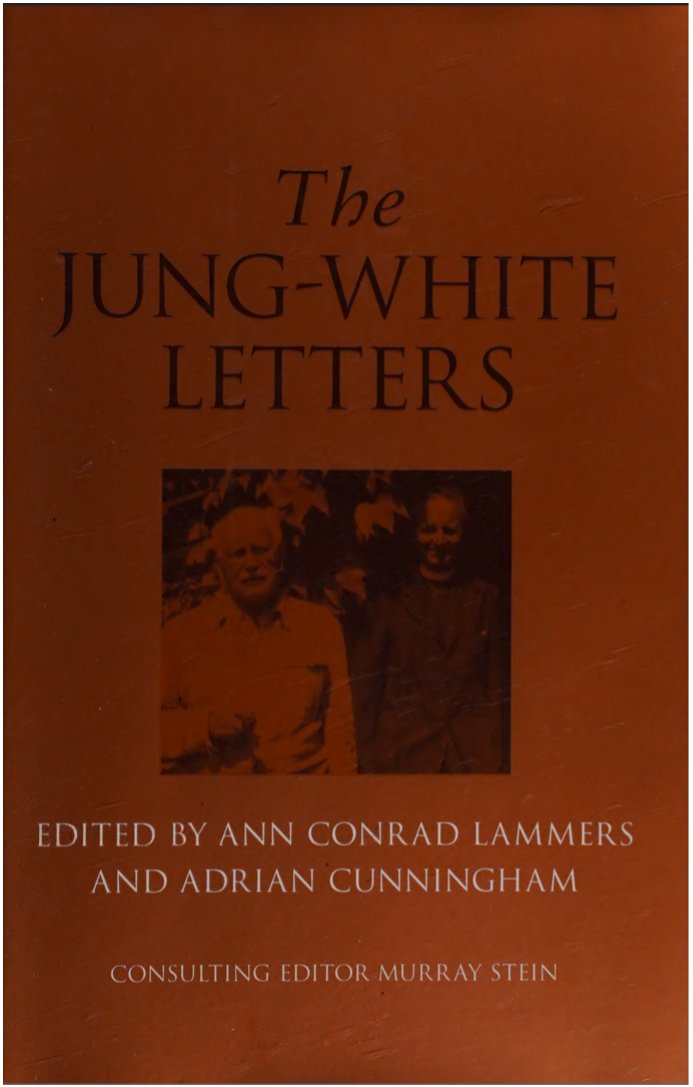 A brown book cover titled "The Jung-White Letters" featuring a dark, inset photograph of Carl Jung and Victor White.