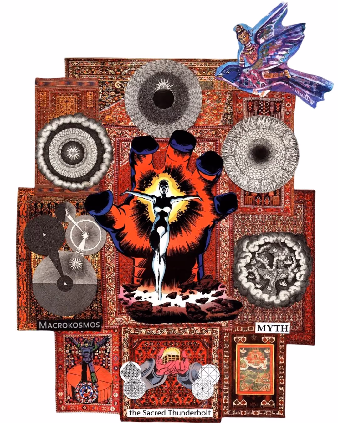A modern psychedelic collage featuring motifs from Robert Fludd's 1617 engravings layered over intricate Persian carpets.