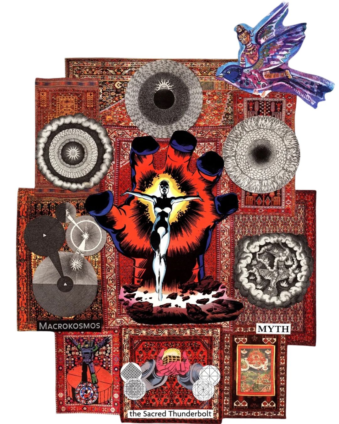 A modern psychedelic collage featuring motifs from Robert Fludd's 1617 engravings layered over intricate Persian carpets.