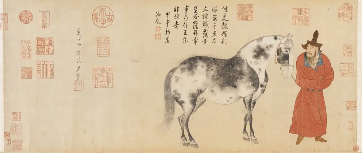  A 1347 Chinese ink painting on paper depicting a finely detailed horse standing alongside its groom in traditional attire.