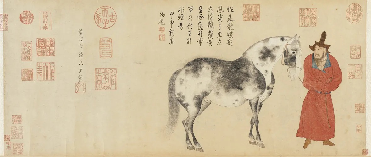  A 1347 Chinese ink painting on paper depicting a finely detailed horse standing alongside its groom in traditional attire.