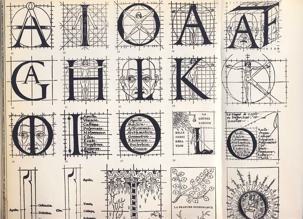 A full grid layout of 1529 Renaissance typographic engravings showing letters integrated with human faces, bodies, and text.