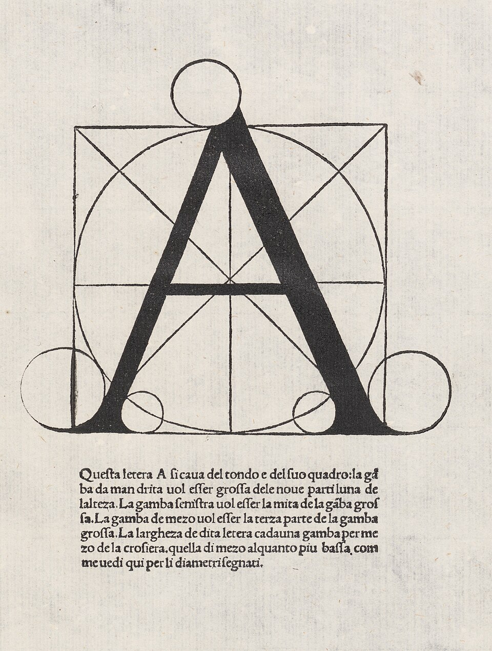 A Renaissance geometric woodcut diagram depicting a bold capital letter A designed inside a square, intersecting circles, and Italian text below.