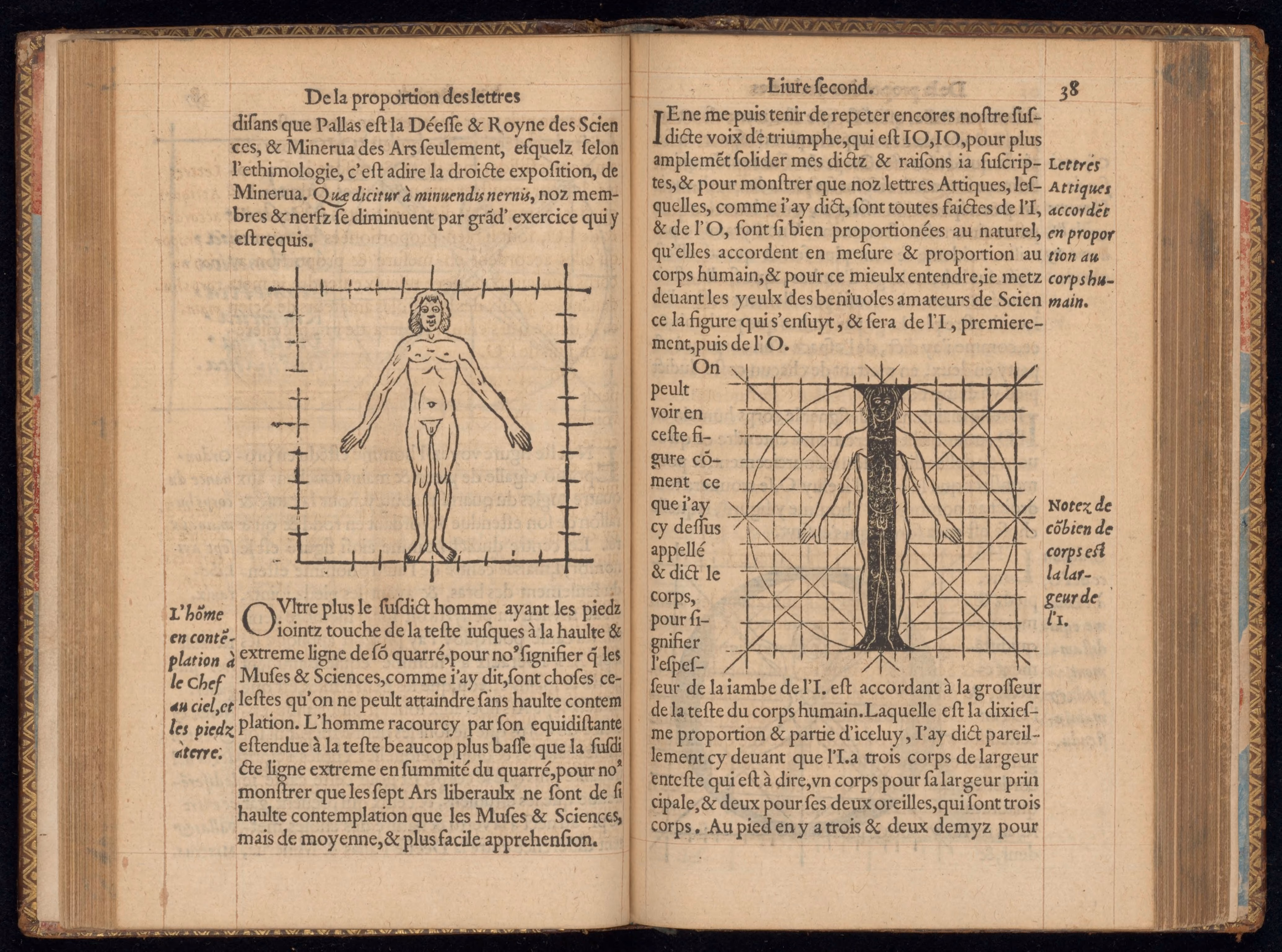 An open 16th-century book displaying a woodcut engraving of a human body standing inside a gridded square next to text about letter proportions.