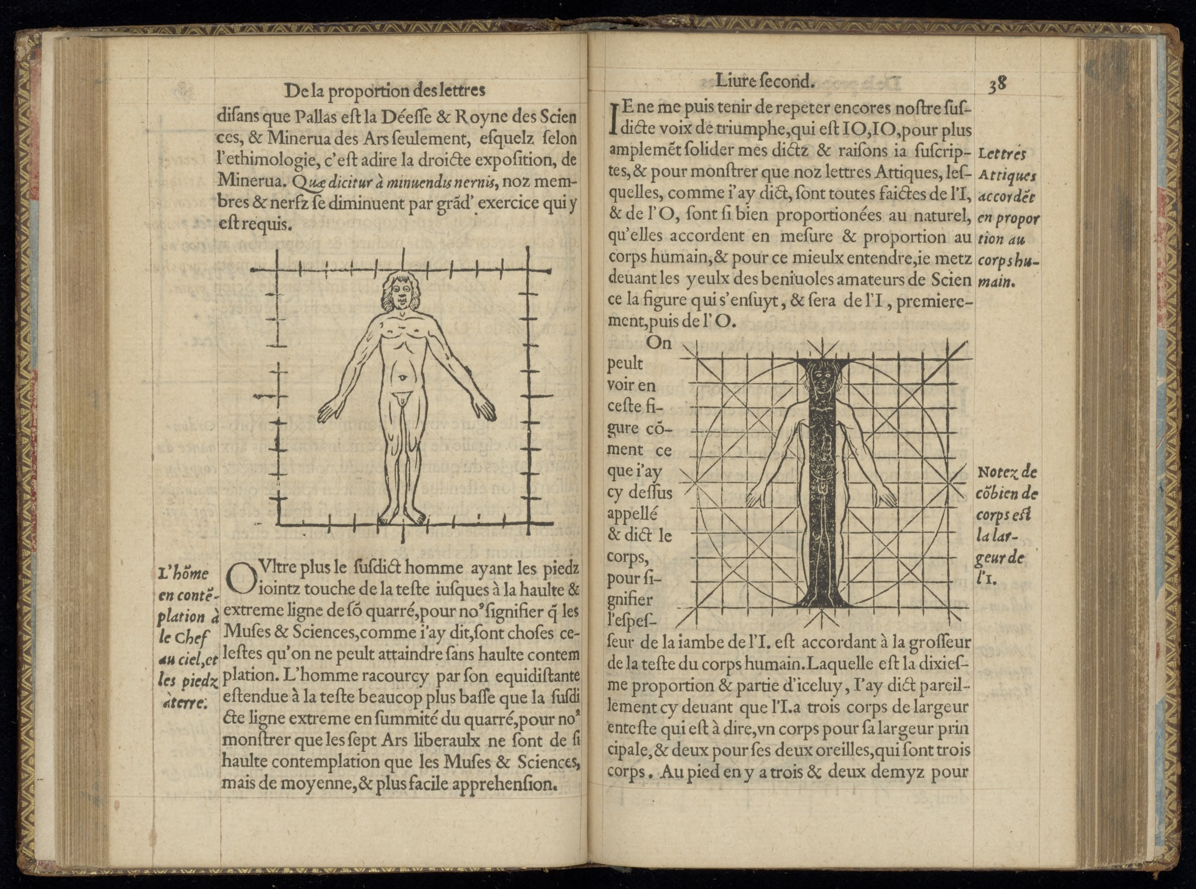 An open 16th-century book displaying a woodcut engraving of a human body standing inside a gridded square next to text about letter proportions.