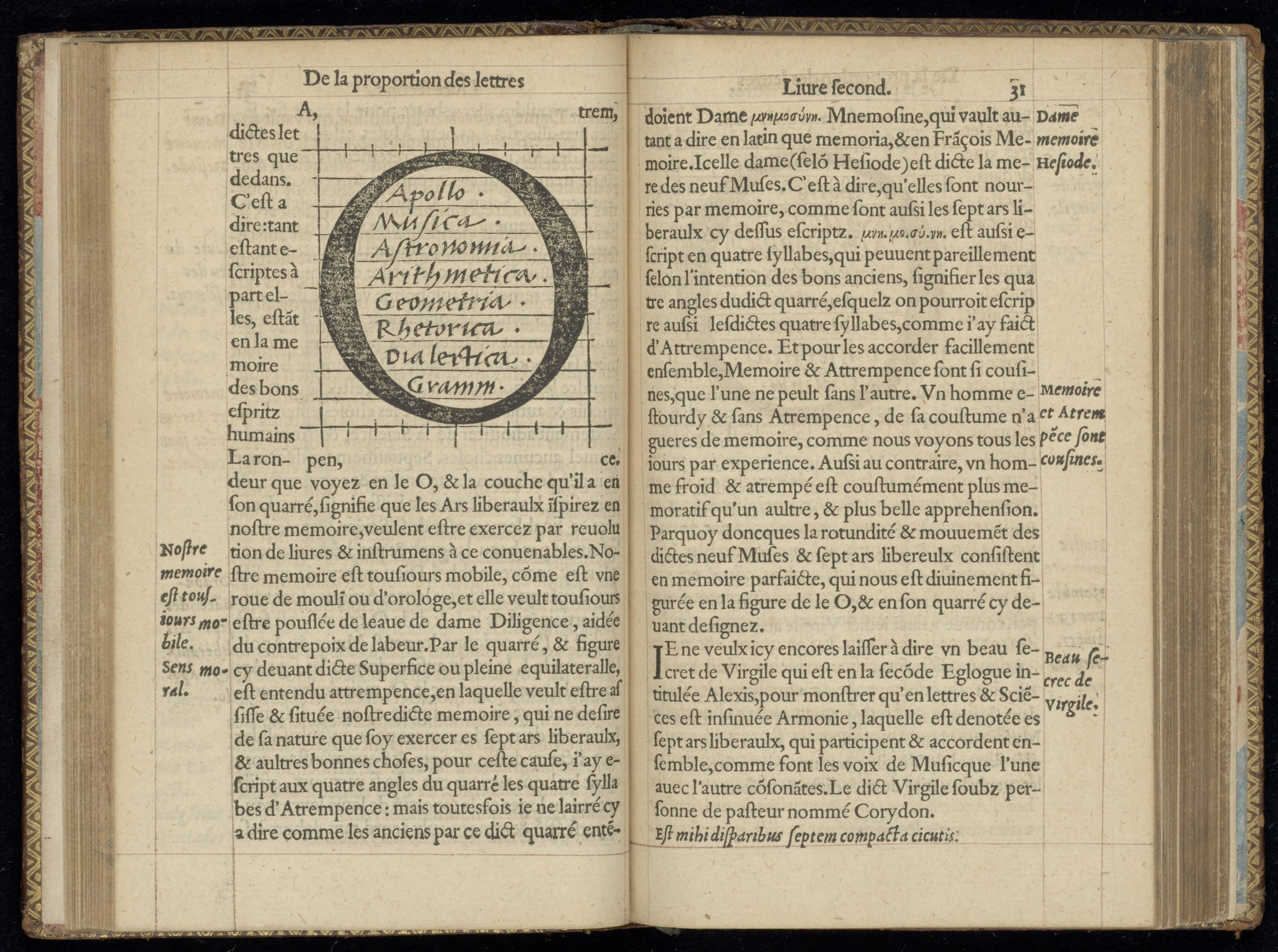 A 1549 book spread featuring a circular woodcut diagram of the letter O mapped with Apollo, global liberal arts, and antique typography scales.