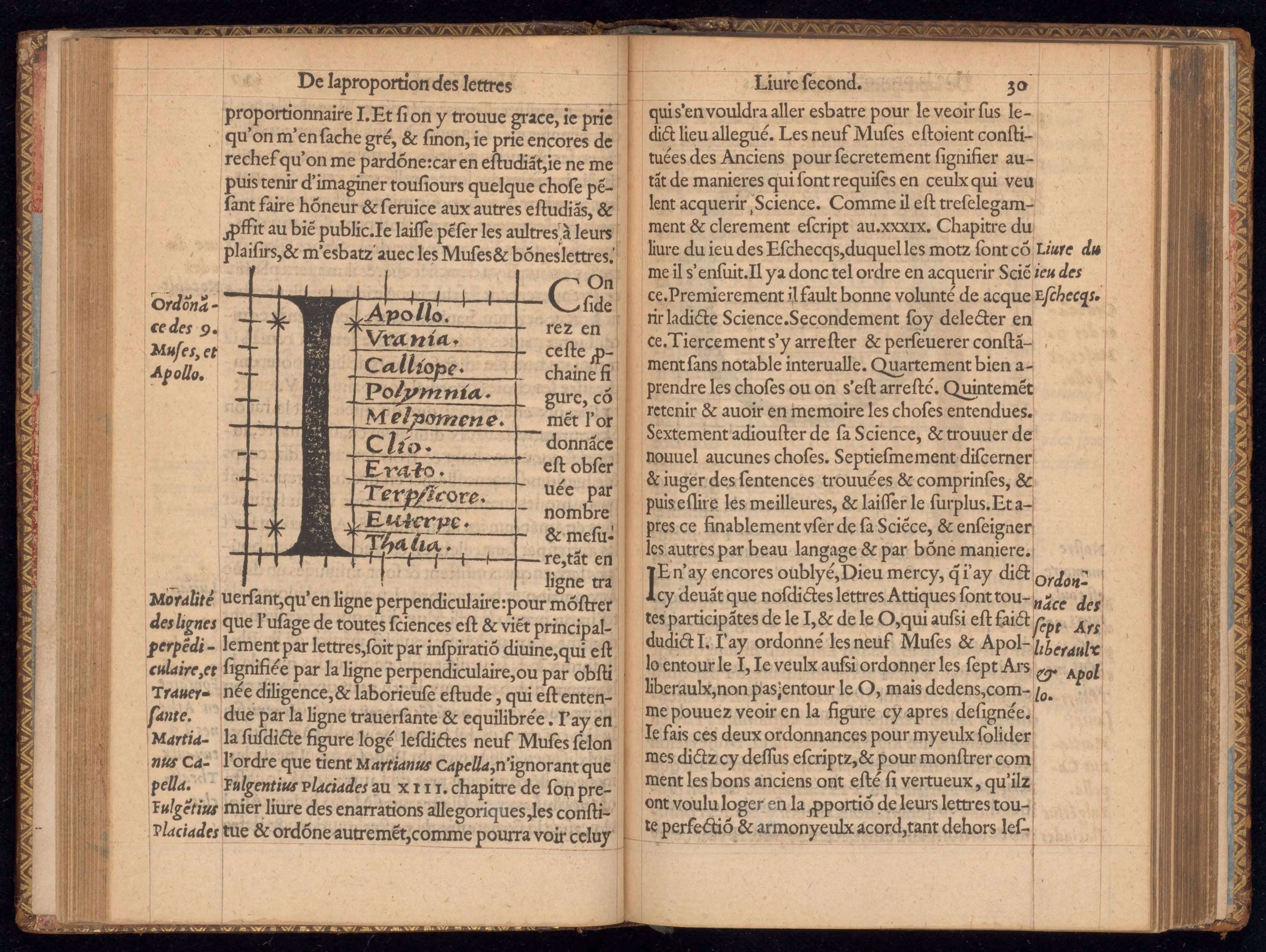 An antique printed page layout featuring a capital letter I structured around grid lines, Apollo, and ancient Greek mythological Muse names. 