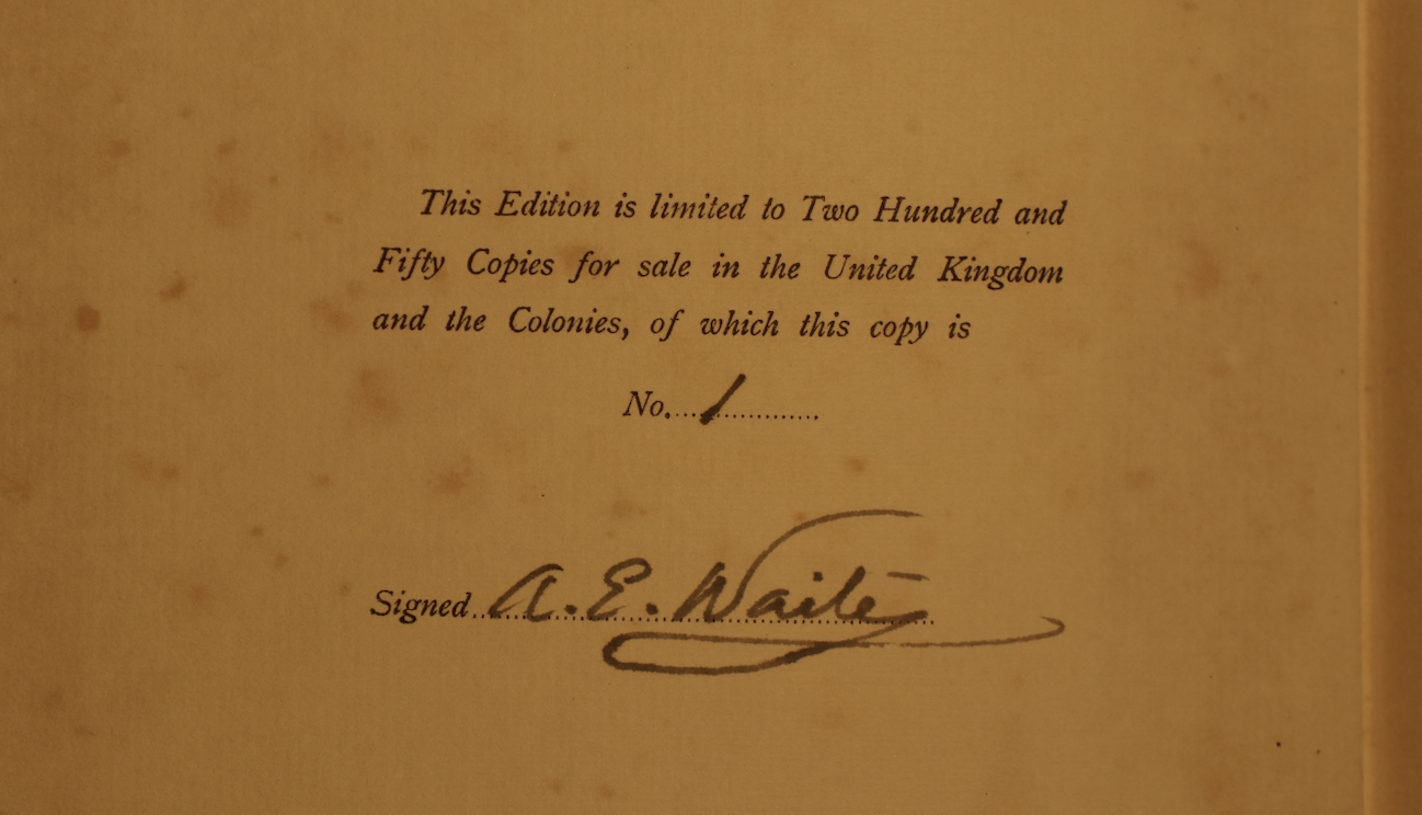 Limitation statement in a 1906 book showing copy number one handwritten, followed by the flowing ink signature of A.E. Waite.