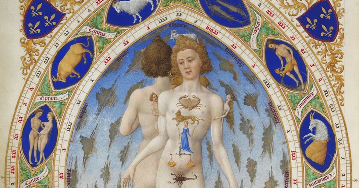 15th-c. Zodiac Man from Très Riches Heures. Two nude figures inside an oval frame mapping zodiac signs onto human anatomy.