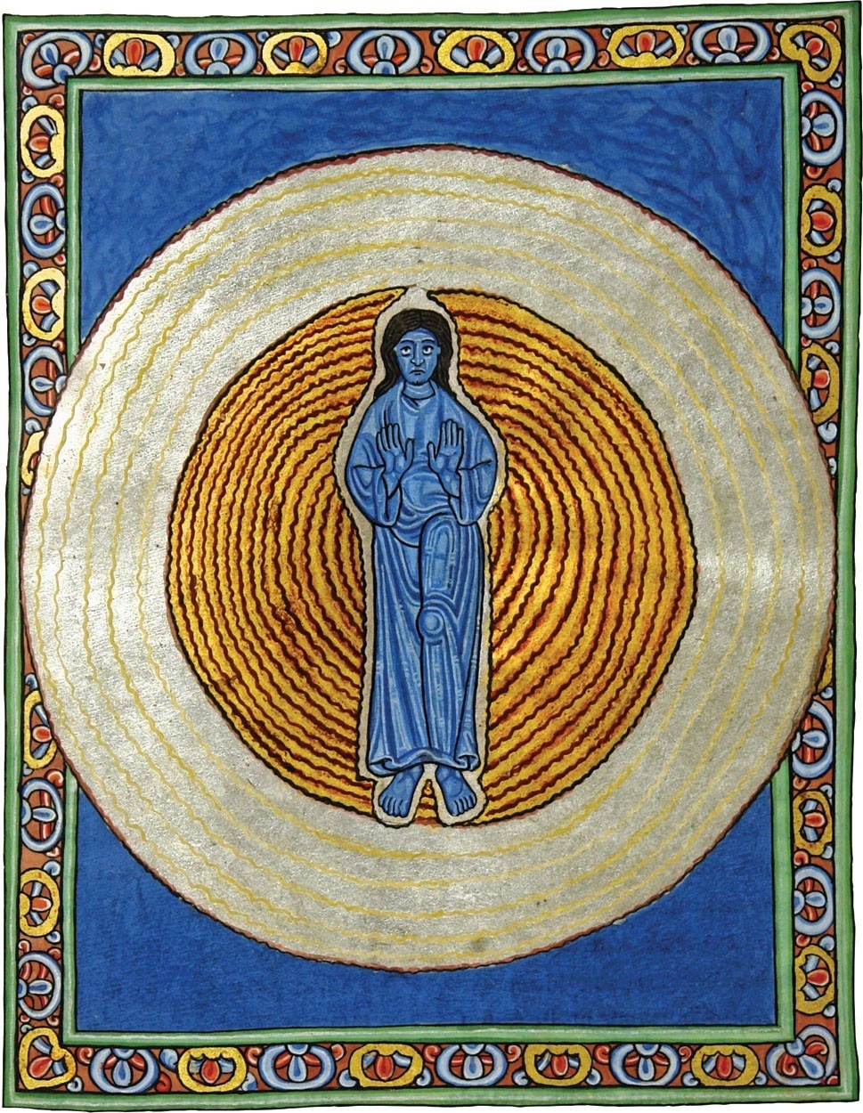 A human figure encircled by the cosmos, from Hildegard von Bingen's Scivias.