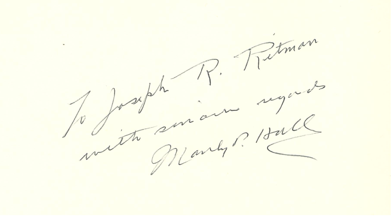 Handwritten dedication from Manly P Hall to Joost R Ritman in ‘The Music of the Comte de St. Germain'.