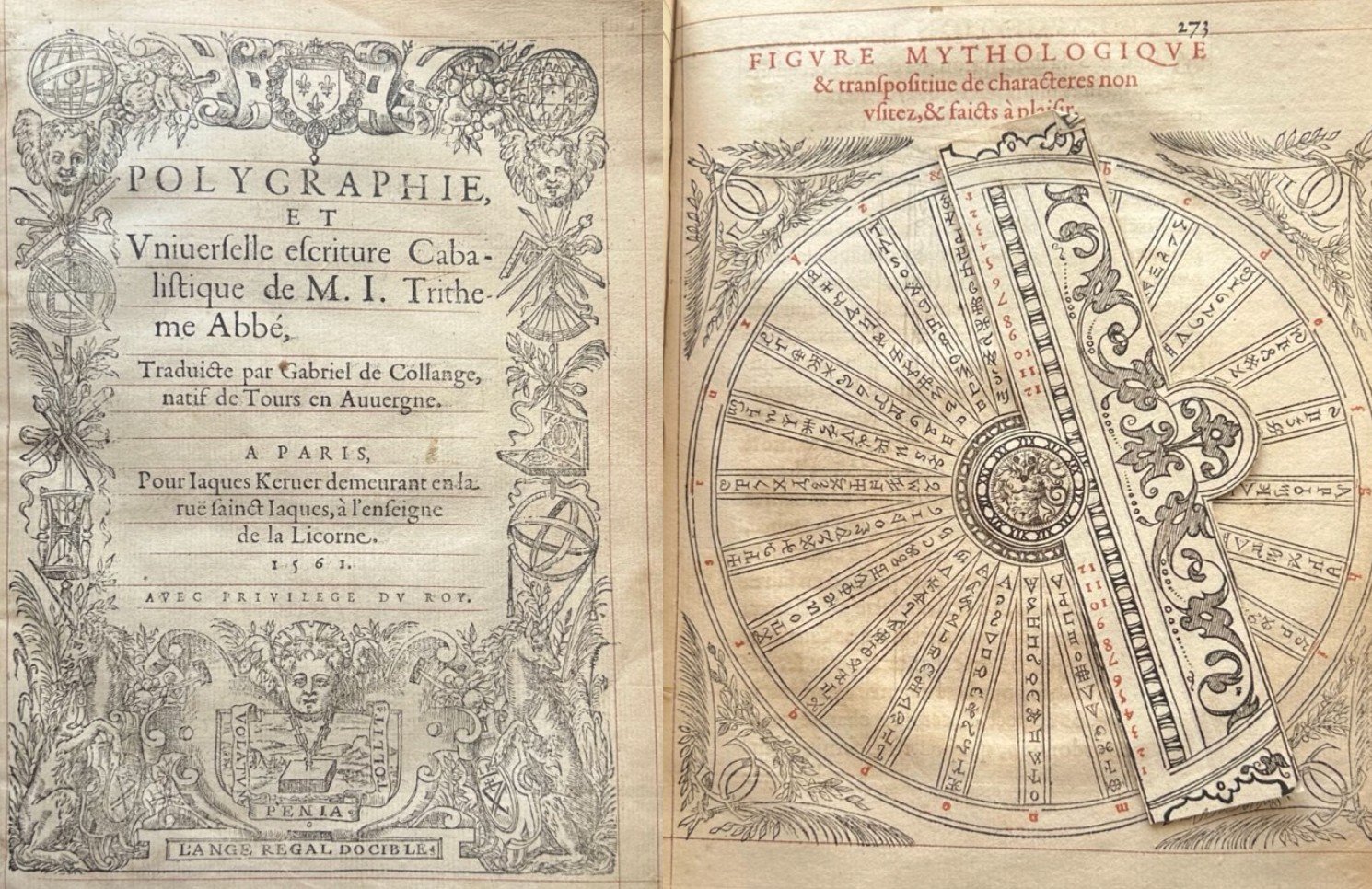 1561 woodcut cipher wheel with Latin alphabets and angelic Renaissance figures.