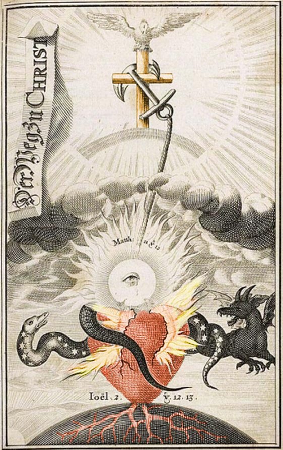Engraving for Jacob Böhme’s Der Weg zu Christo showing a flaming heart rooted to Earth, flanked by a snake and dragon.