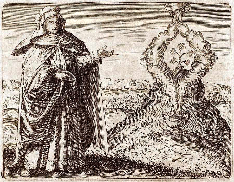 1617 engraving of alchemist Mary the Jewess pointing to an aromatic flower enclosed by fumes rising from an alembic pot.