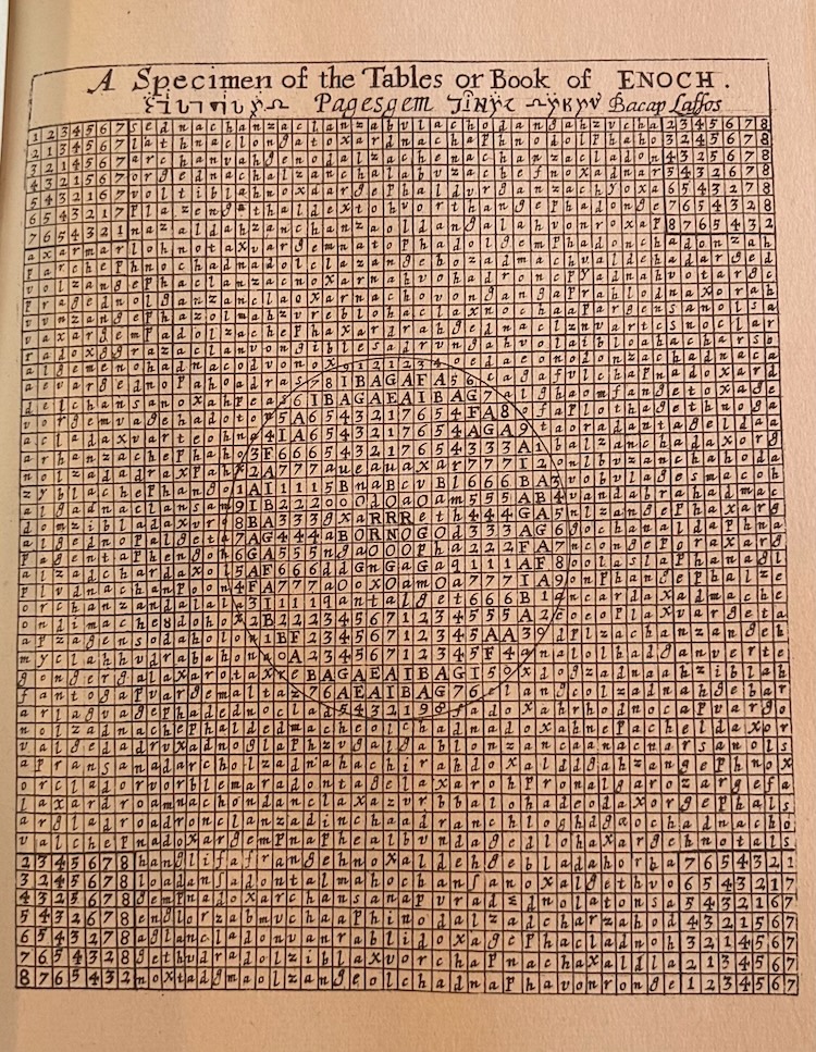 Page titled "A Specimen of the Tables or Book of ENOCH," featuring early modern typography and angelic script lettering.