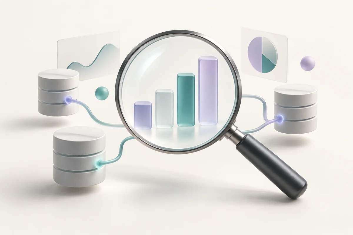 Magnifying glass examining abstract marketing data connected to databases.