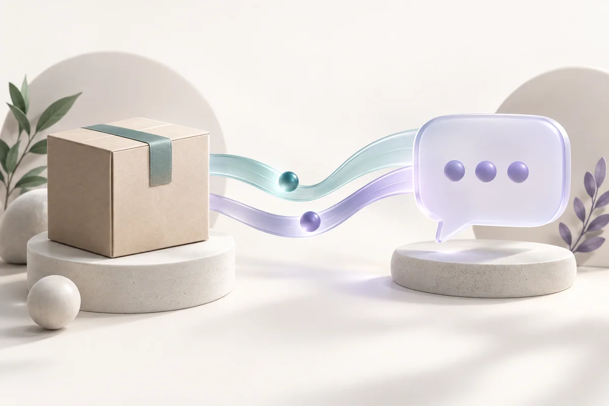 Shopping parcel linked to a conversation bubble by two translucent paths.
