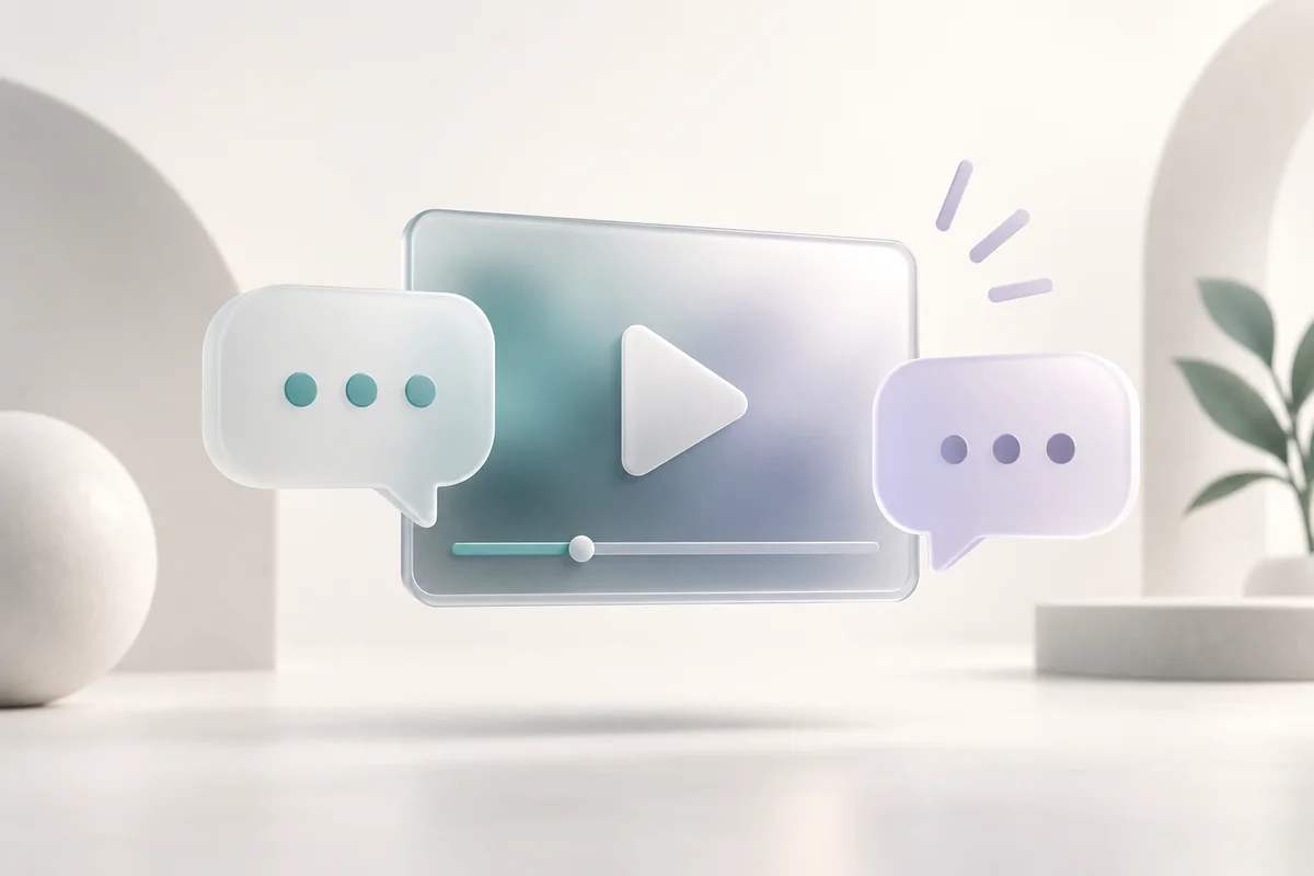 A video player surrounded by two conversation bubbles.