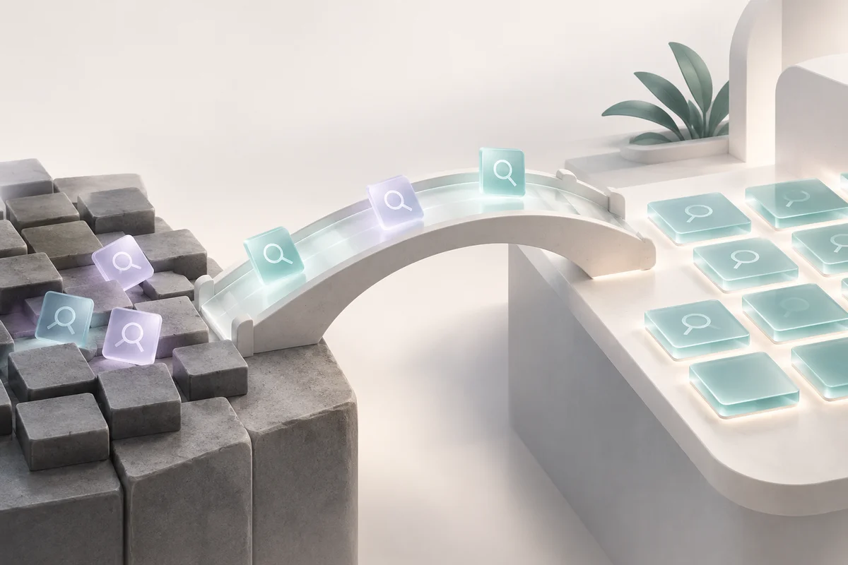 Search tiles crossing a bridge from an older grid to a new arrangement.