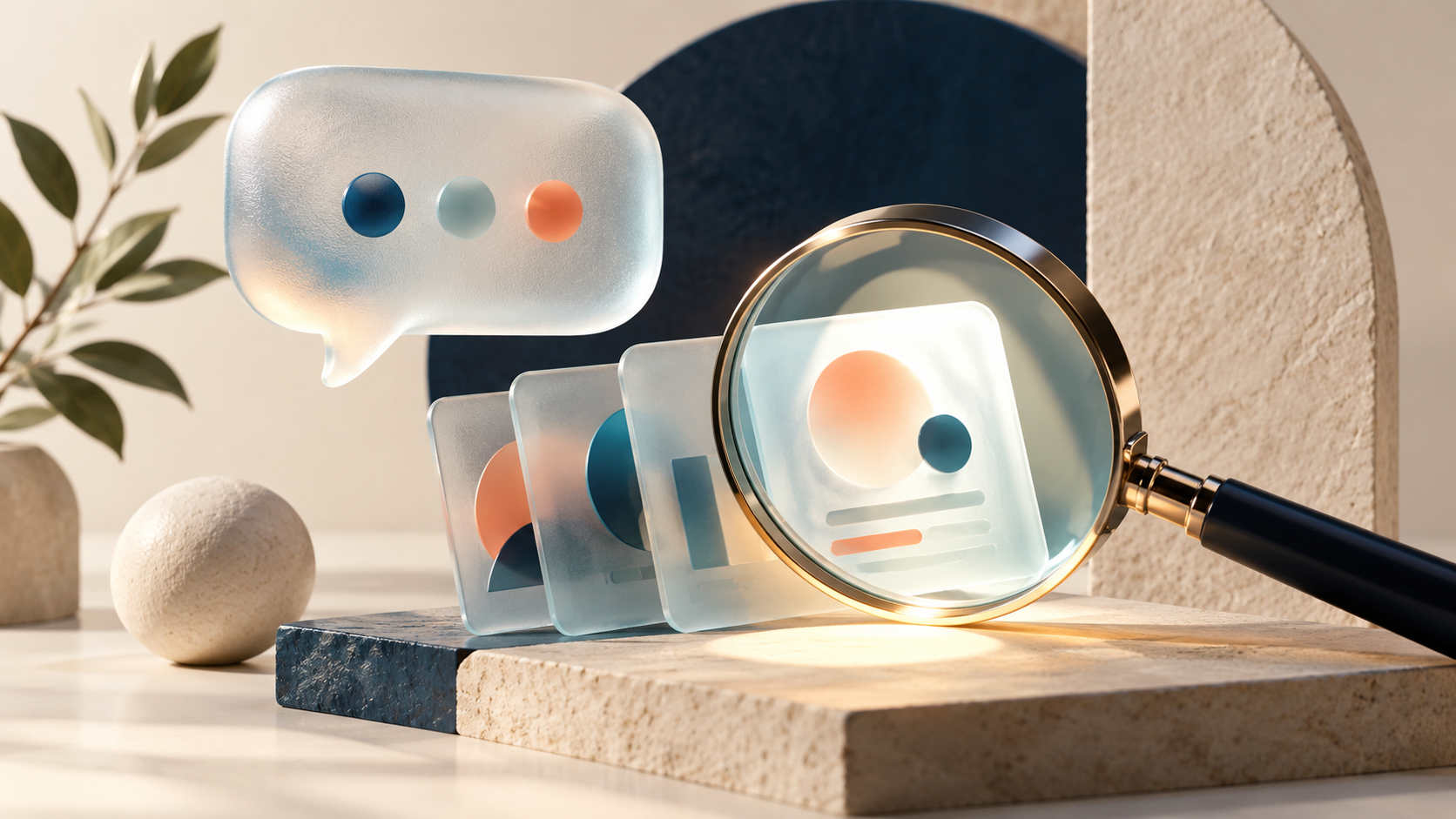 A magnifying glass examining translucent data cards beside a conversation bubble.