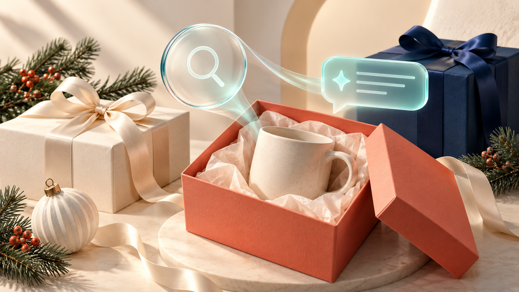 Gift boxes and a ceramic mug alongside translucent search and conversation symbols.