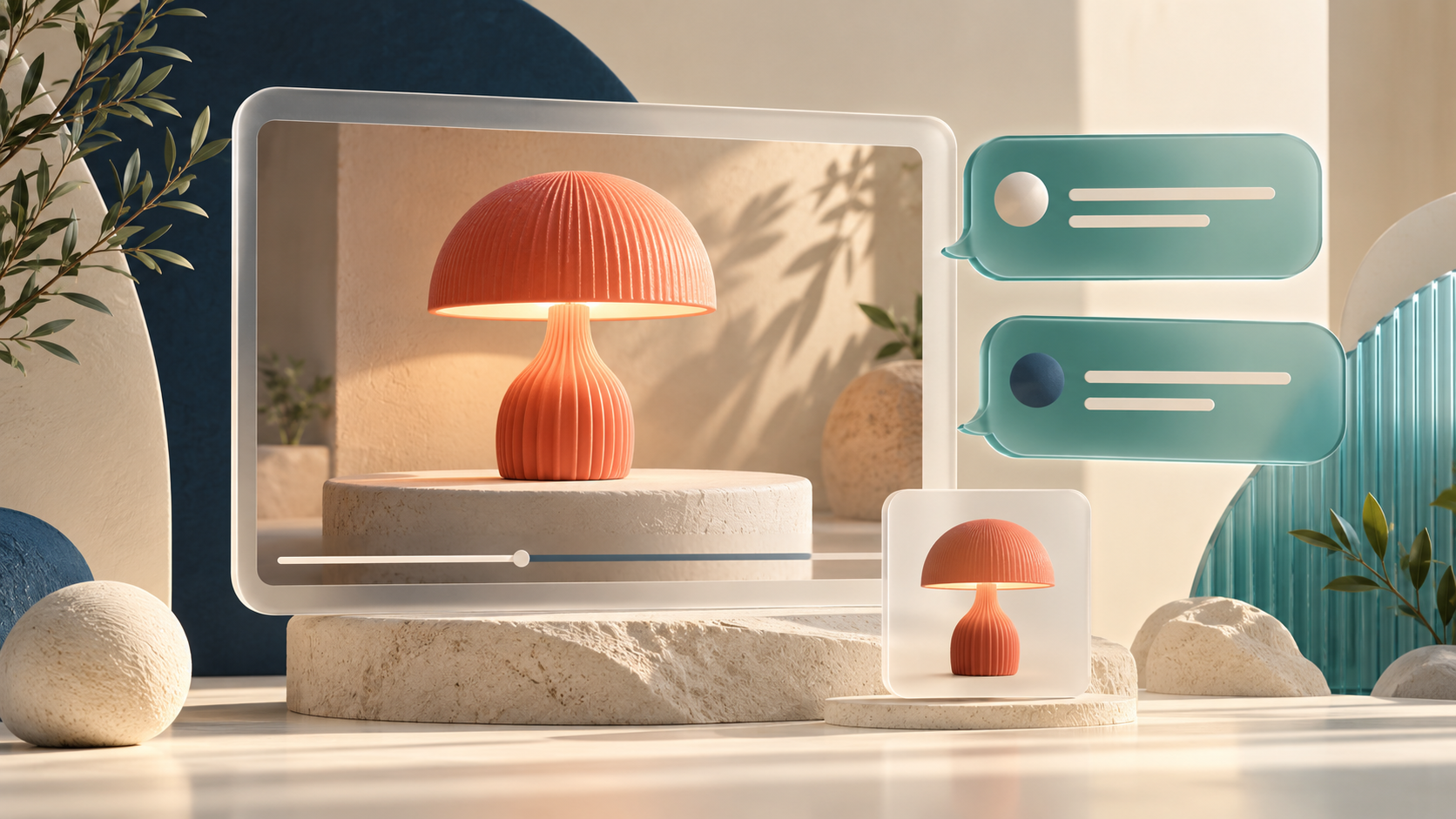 A coral lamp displayed in a video frame beside two translucent conversation bubbles.