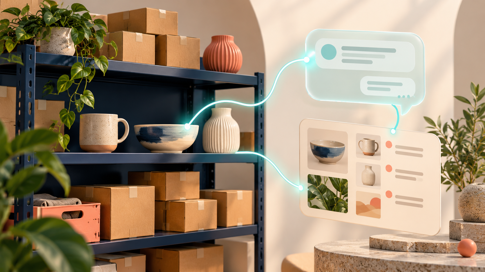 Unbranded inventory boxes and ceramic products connected to an AI conversation and planning card.
