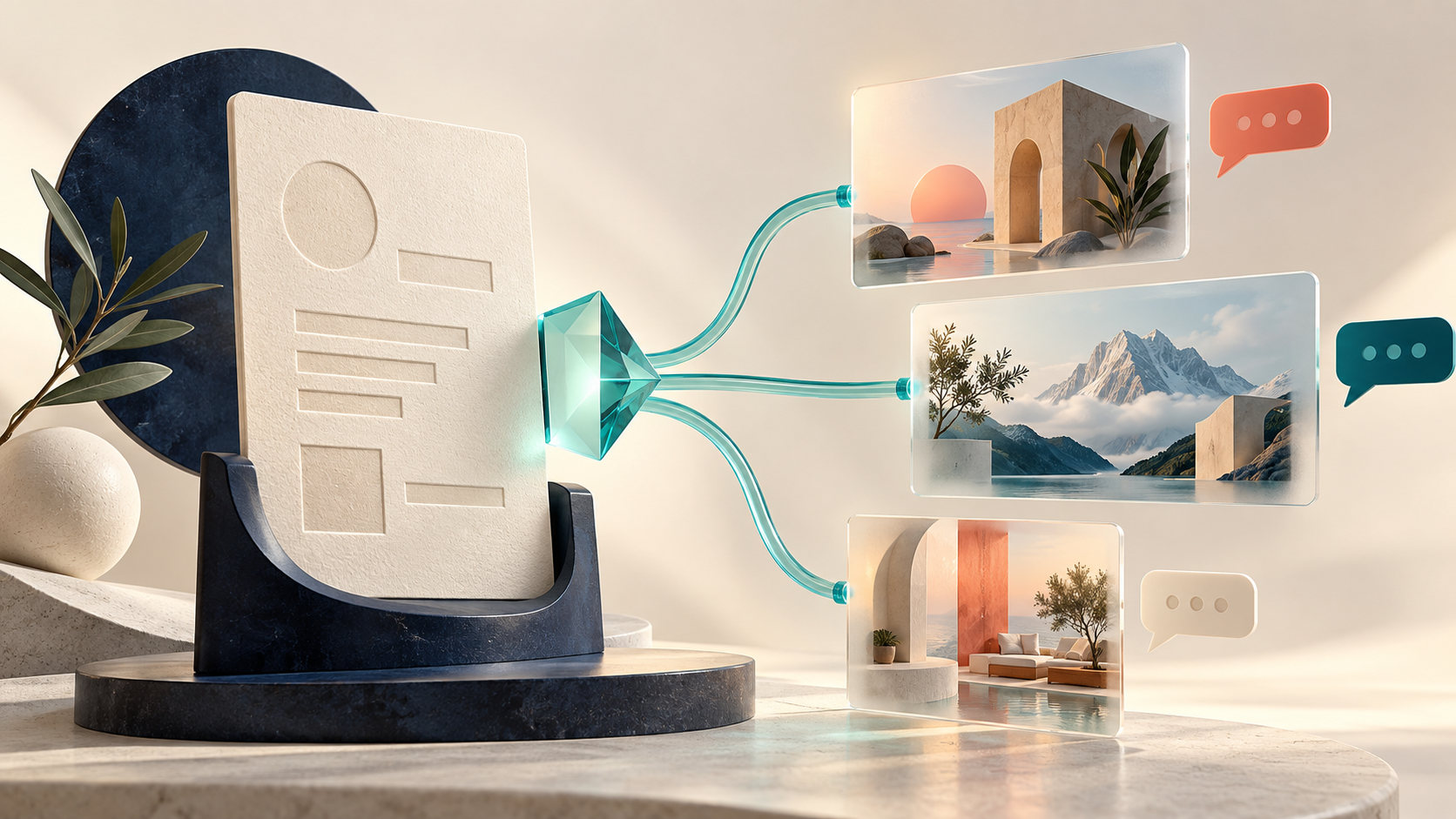An embossed business brief connected through a teal prism to three campaign cards.