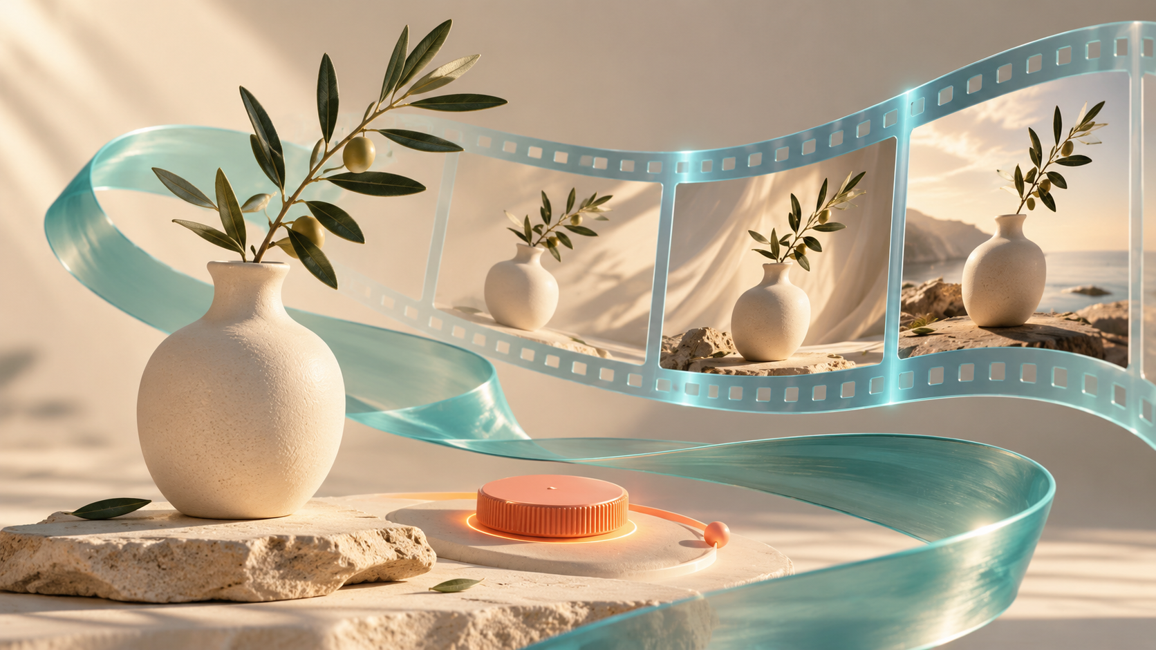 A ceramic vase and olive branch repeated across translucent film frames to suggest motion.