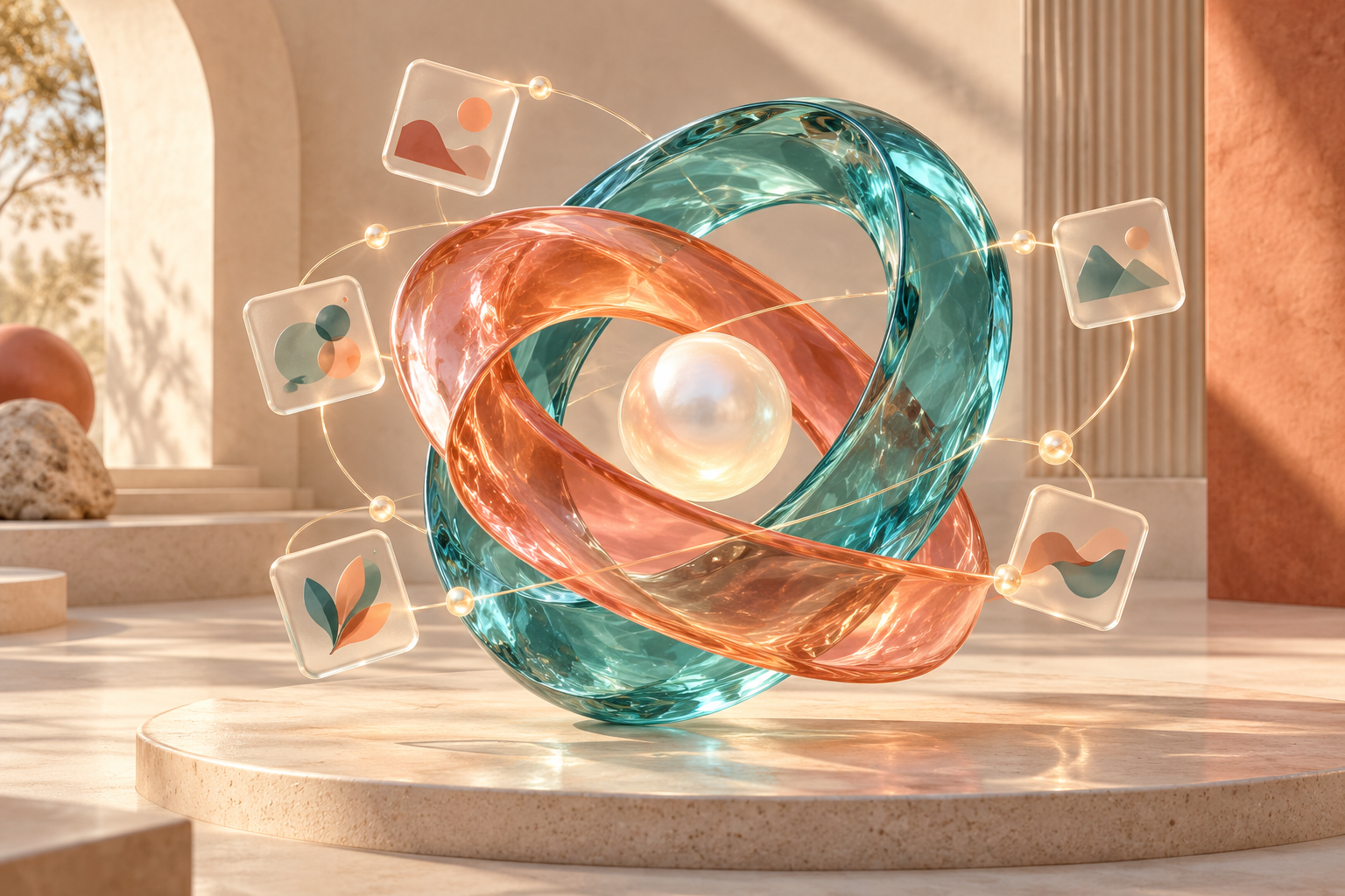 Interlocking teal and coral glass forms connect creative content tiles around a luminous central sphere.