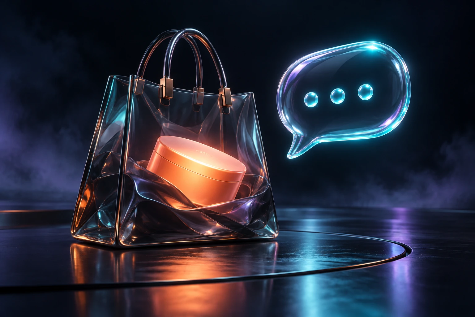 Smoky glass shopping bag with a coral package beside a luminous conversation bubble.