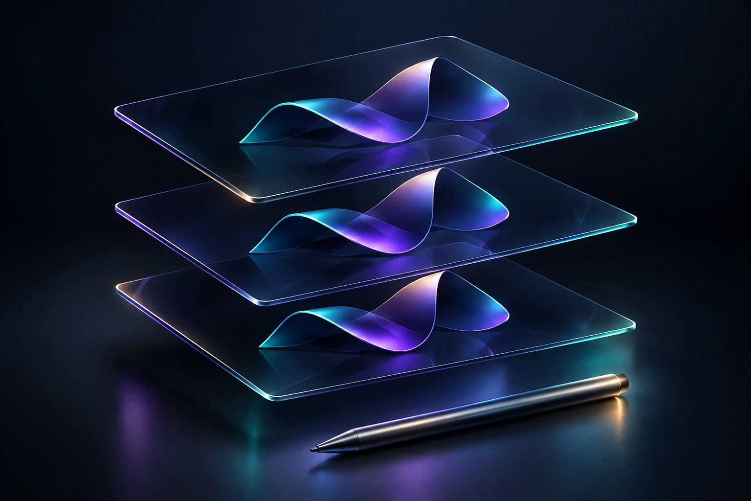 Three floating glass sheets repeating a violet ribbon form, illustrating consistent brand content.