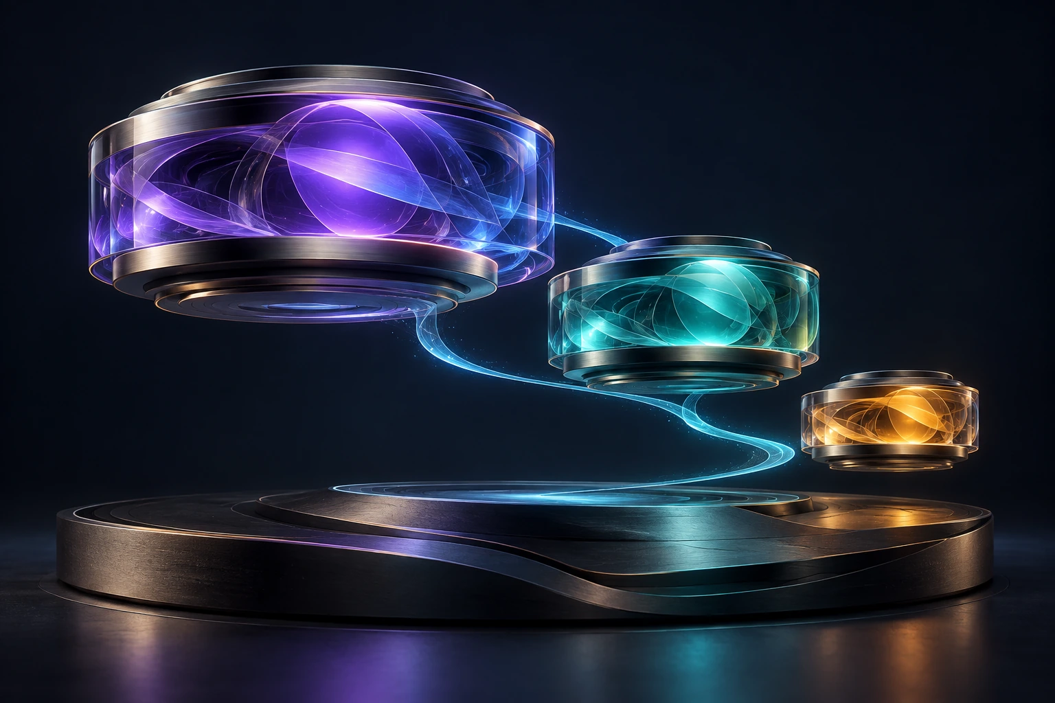 Three luminous AI modules joined by a cyan path, illustrating different capabilities in a marketing workflow.