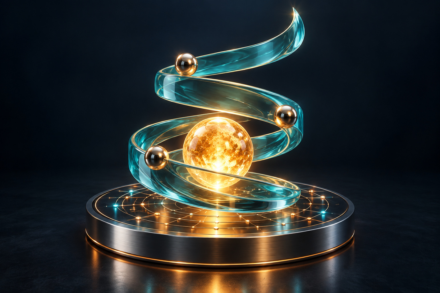 A rising teal glass spiral around a glowing amber sphere, symbolising sustained growth from AI advertising.